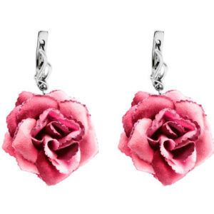 Pink textile roses earrings on white background
