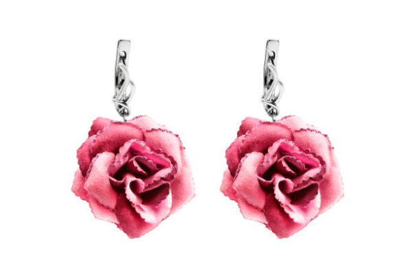 Pink textile roses earrings on white background